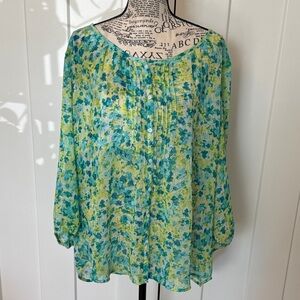 St. John's Bay Sheer Floral Pintuck Blouse in Teal & Lime